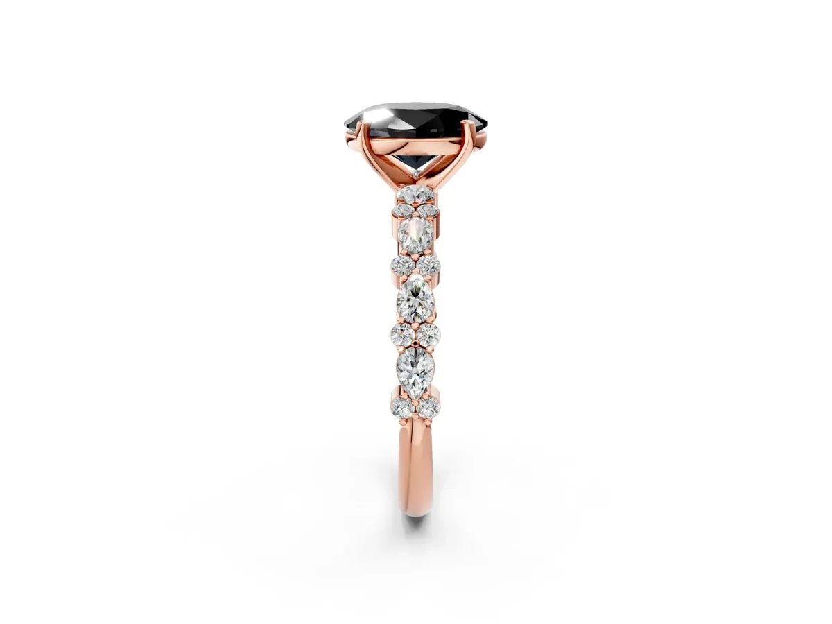 Fancy Black Oval Cut Diamond Side Stone Solitaire Ring with Round and Four-Prong Setting Rose gold