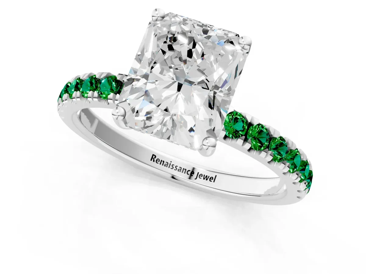 Radiant Cut Diamond Pave Band Solitaire Ring with Round Emerald and Prong Setting Silver