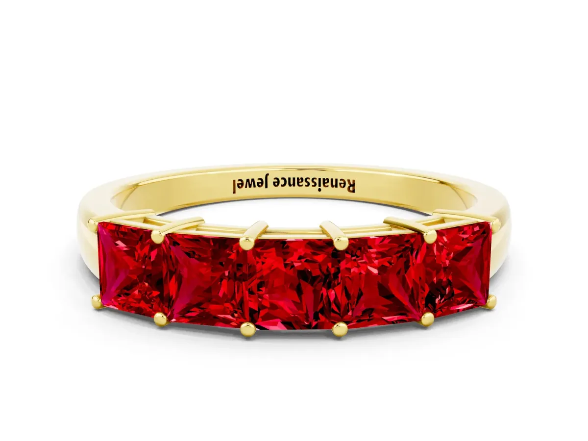 Princess Cut Five-Stone Ruby Band with Prong Setting Yellow gold