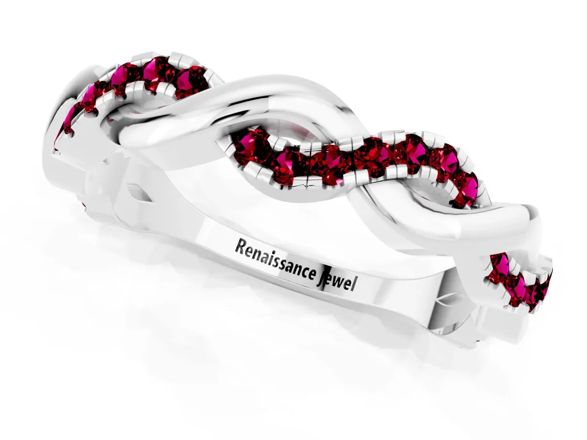 Pavé Round Garnet Twist Eternity Band with Shared Prong Setting Platinum