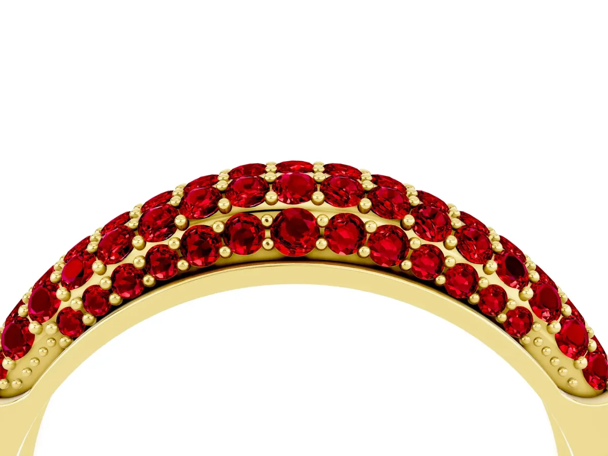 Three-Row Pavé Round Ruby Dome Band Yellow gold