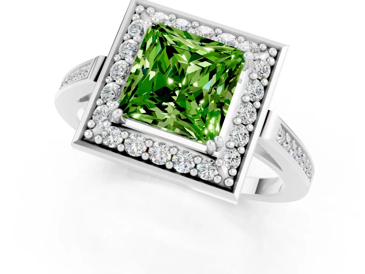 Princess Cut Peridot Halo Ring with Split Shank and Four-Prong Setting Platinum