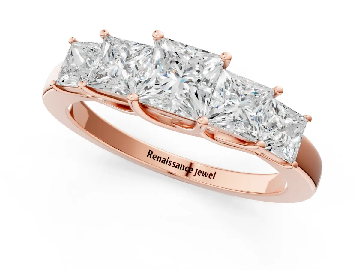 Princess Cut Five-Stone Diamond Ring with Classic Prong Setting Rose gold