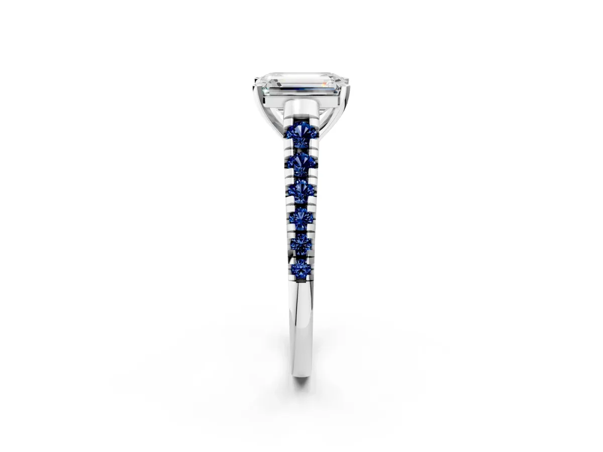 Emerald Cut Diamond Cathedral Solitaire Ring with Round Blue Sapphire Pavé Band Silver