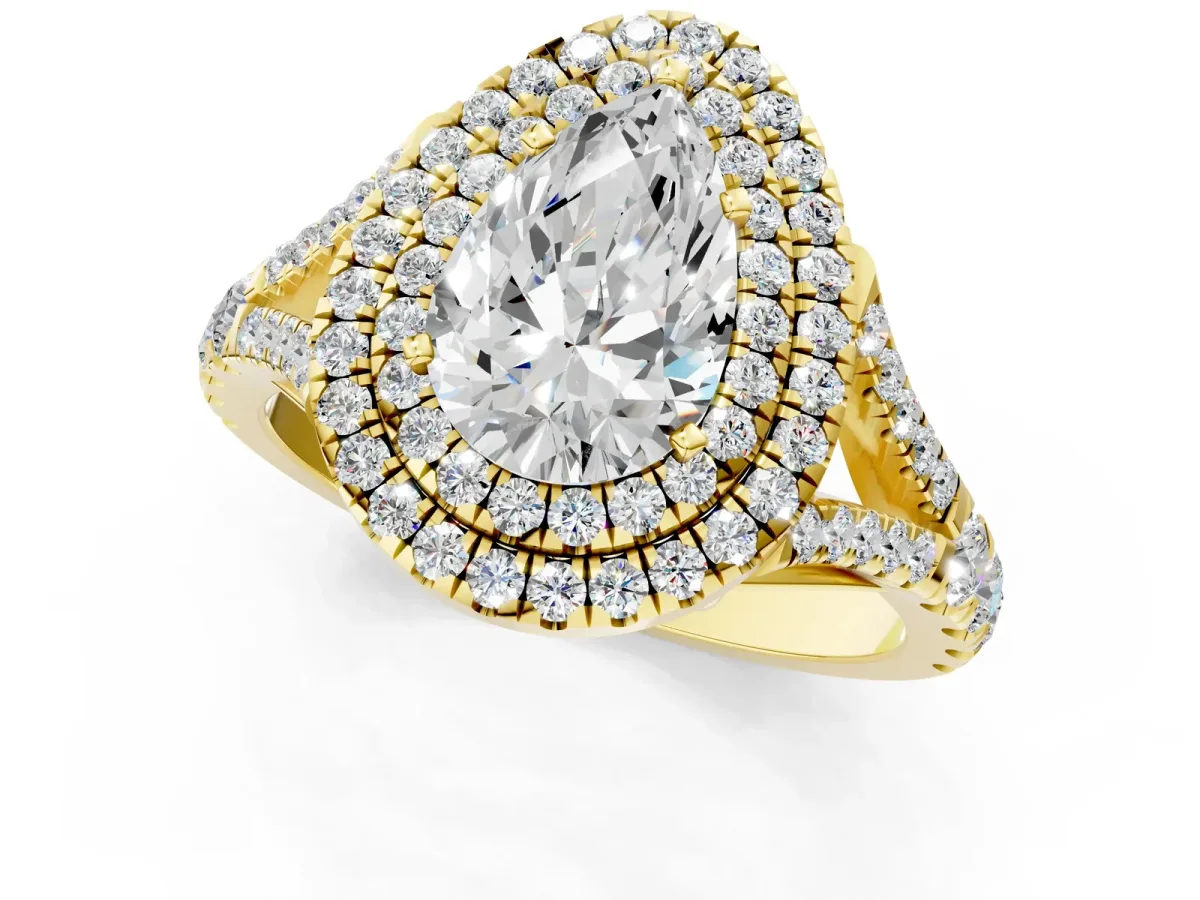 Pear Cut Diamond Double Halo Ring with Split Shank and Prong Setting Yellow gold