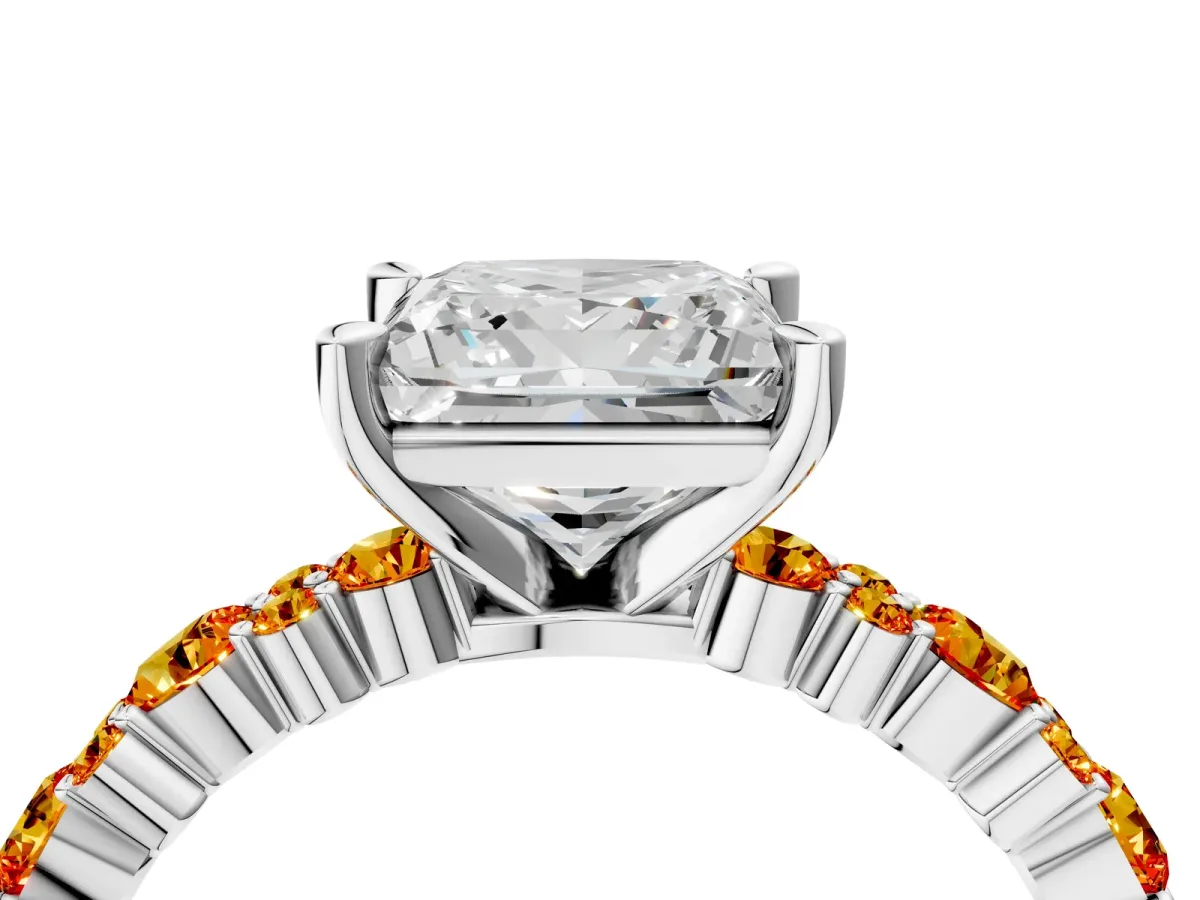 Princess Cut Diamond Side Stone Solitaire Ring with Round Citrine and Four-Prong Setting Platinum