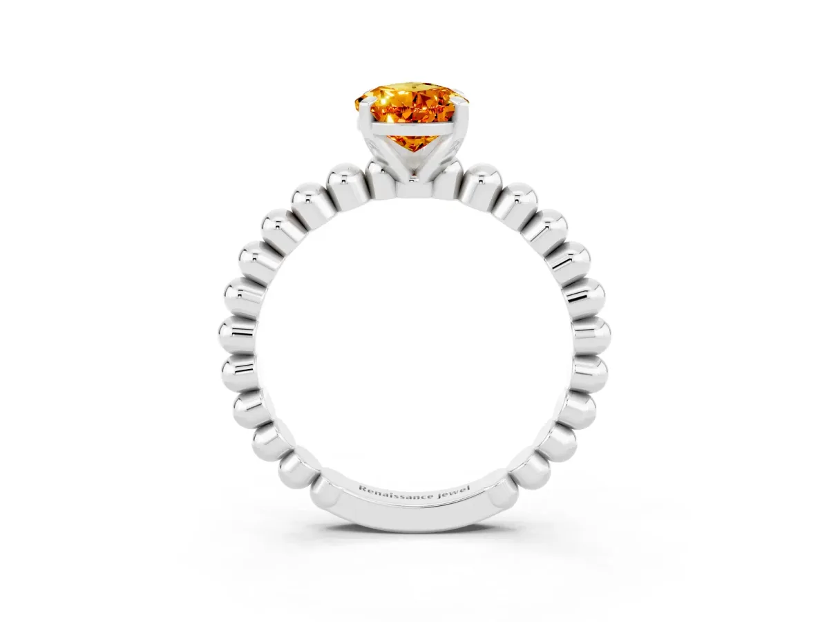 Pear Cut Citrine Solitaire Ring with Beaded Band and Prong Setting White gold