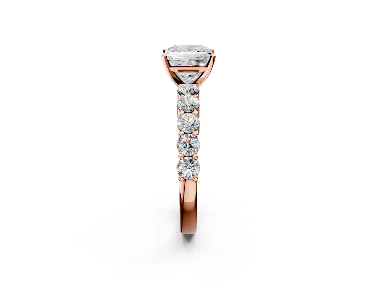 Princess Cut Diamond Solitaire Ring with Shared Prong Round Side Stones Rose gold
