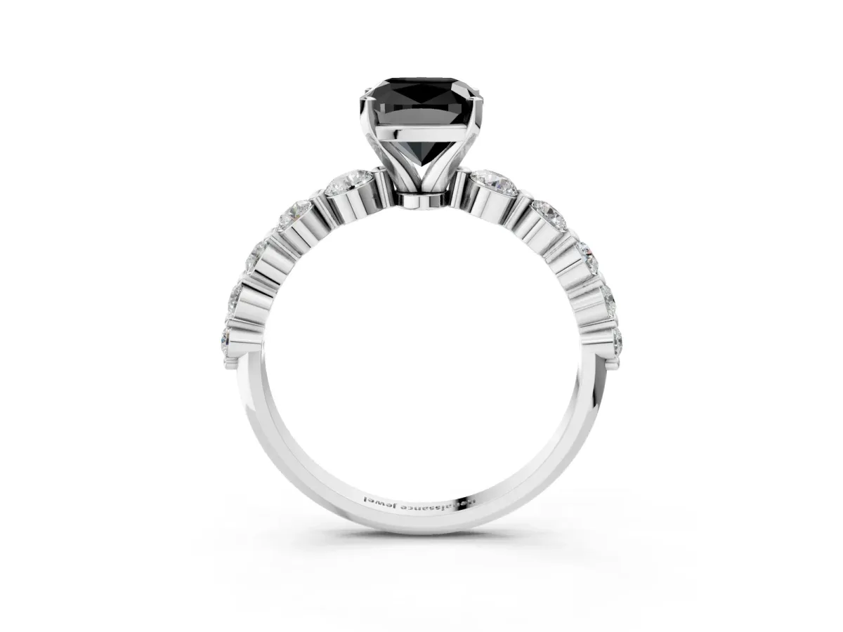 Fancy Black Cushion Cut Solitaire Diamond Ring with Pave Band and Four-Prong Setting Silver