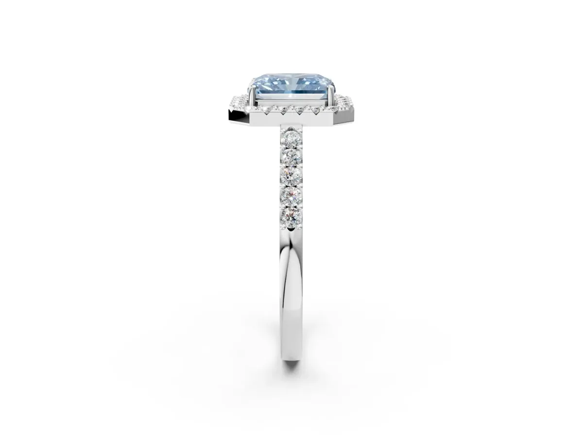 Fancy Blue Radiant Cut Halo Diamond Pavé Solitaire Ring Silver