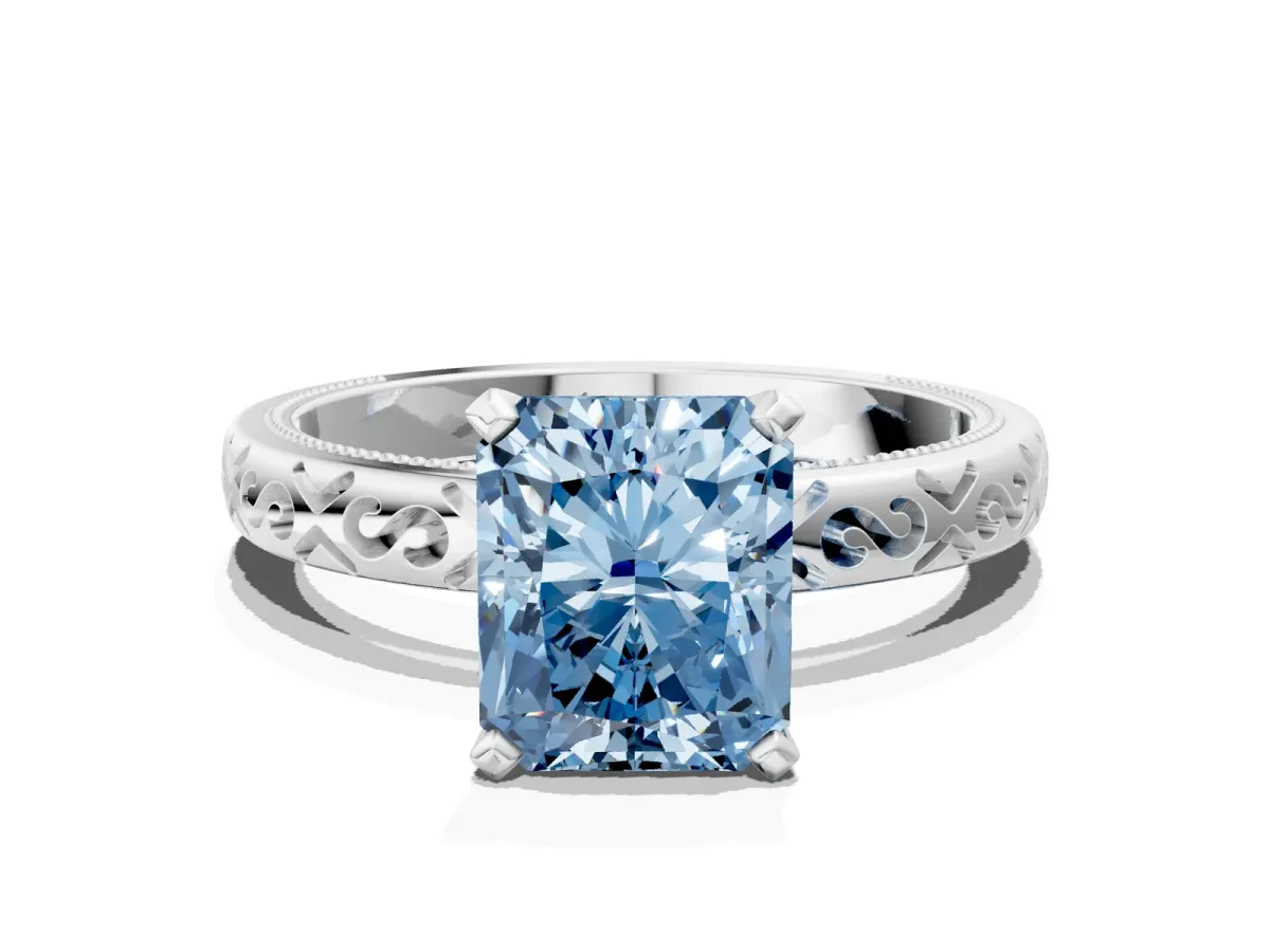 Fancy Blue Radiant Cut Solitaire Engagement Ring with Scrollwork Band and Four-Prong Setting Platinum