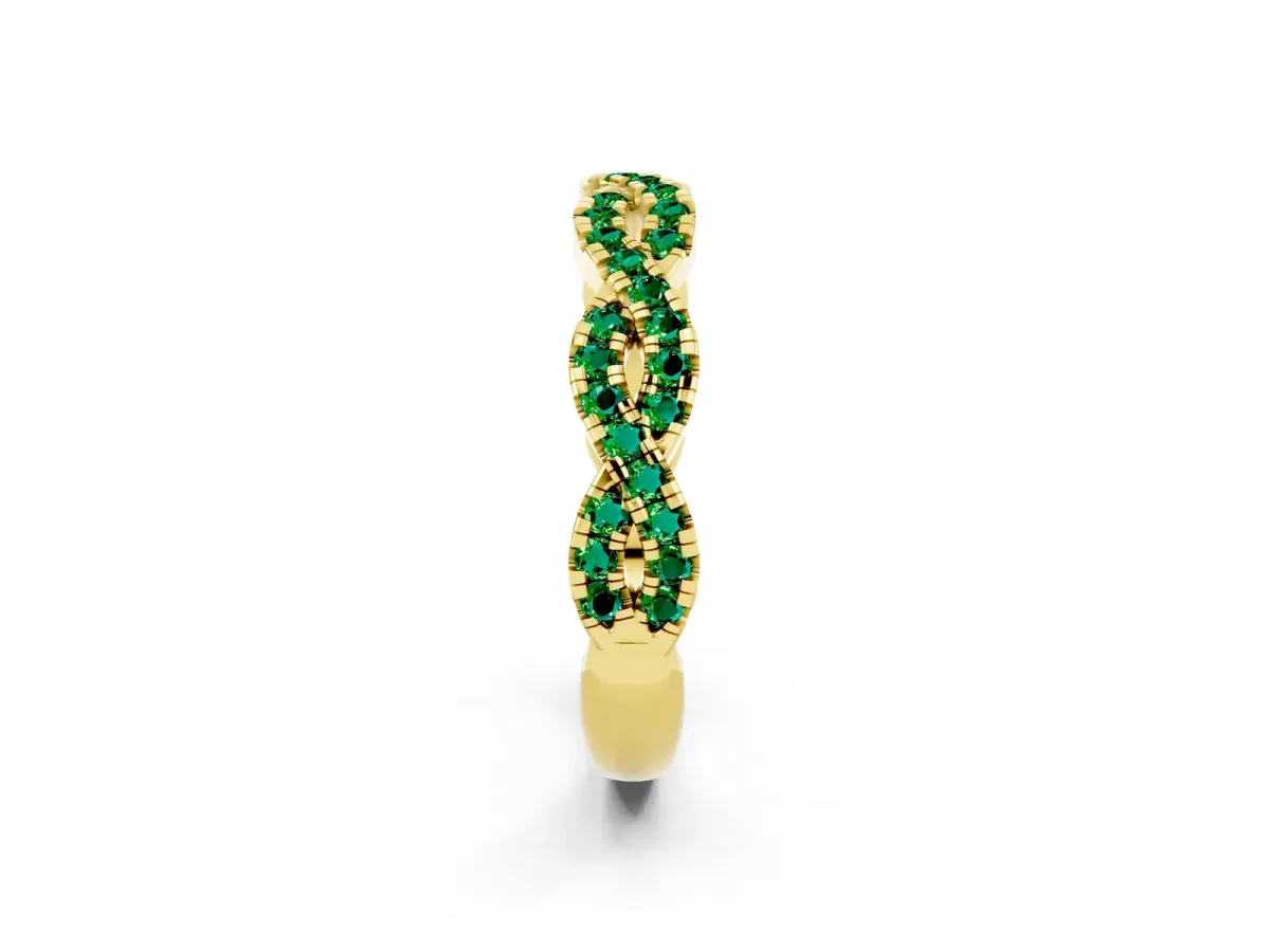 Round Emerald Twisted Eternity Band with Pavé and Shared Prong Setting Yellow gold