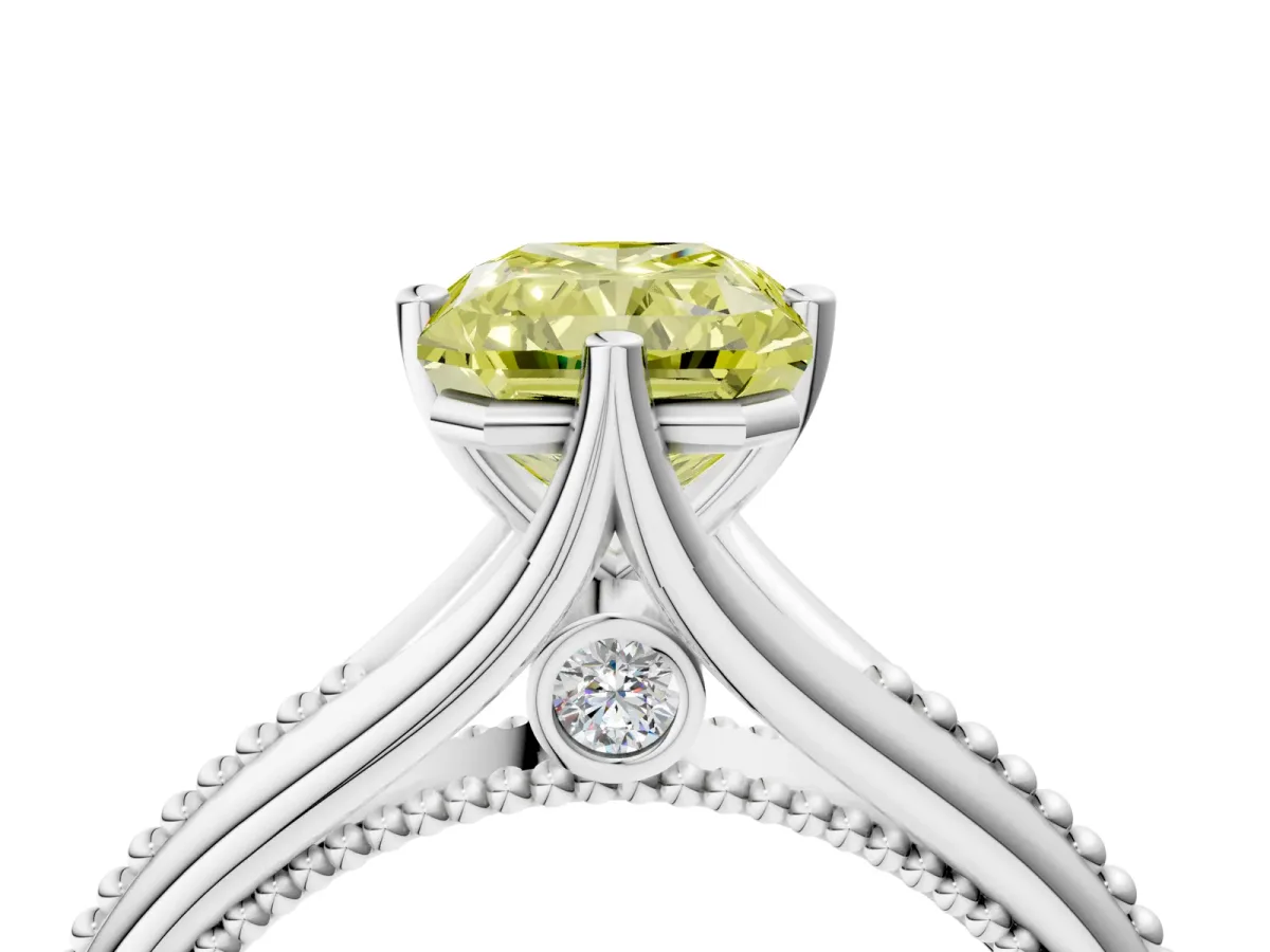 Fancy Yellow Radiant Cut Solitaire Beaded Band Six-Prong Setting Platinum