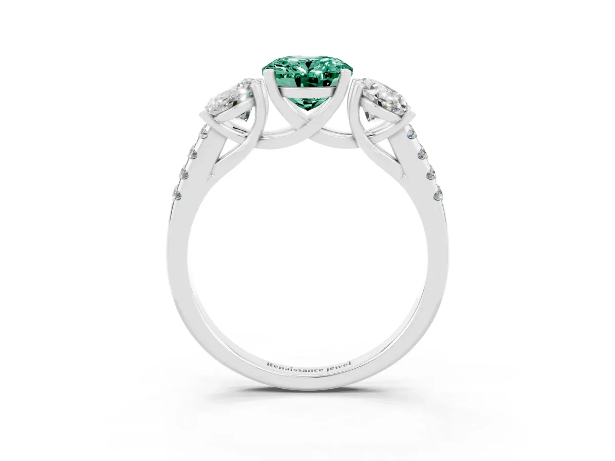Three-Stone Oval Cut Green Sapphire Ring with Round Pavé Band and Prong Setting Silver