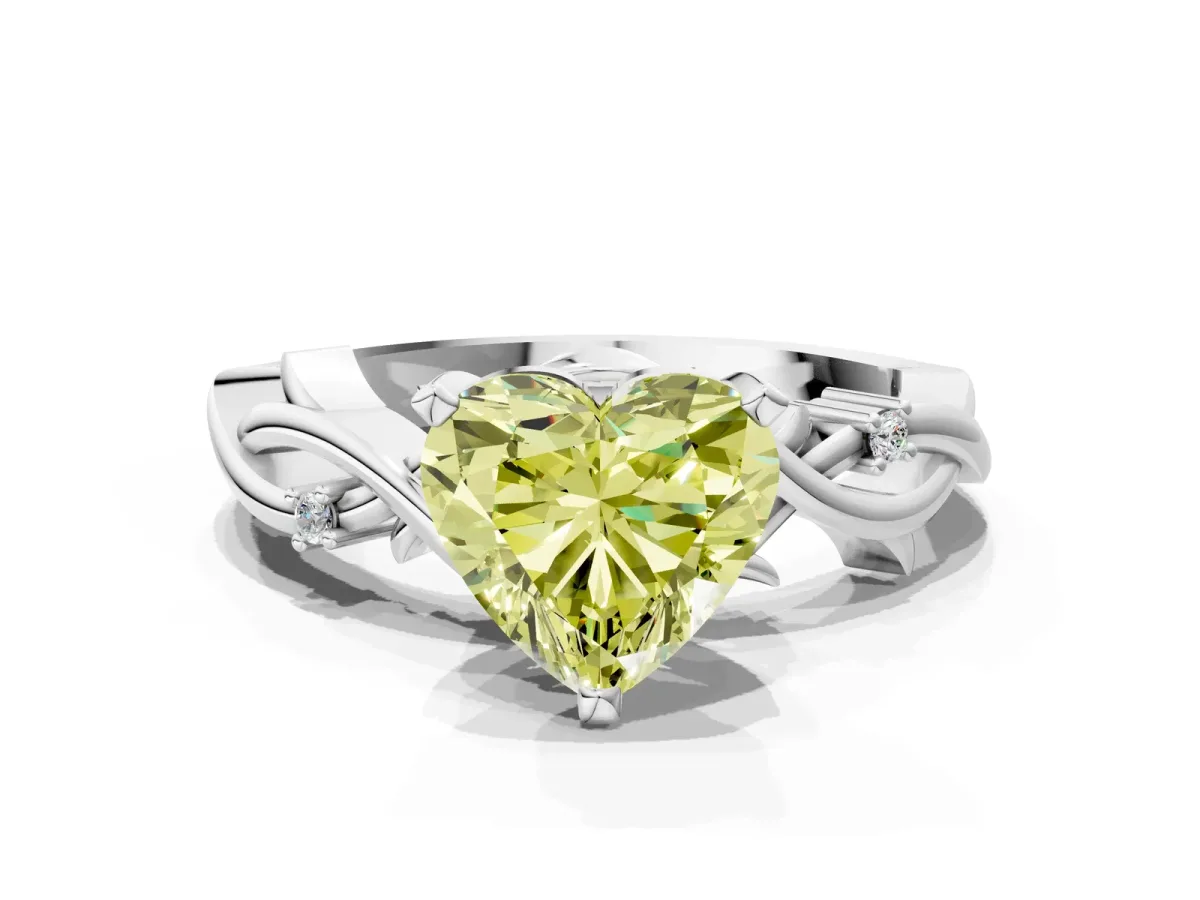 Fancy Yellow Heart Cut Diamond Solitaire Ring with Twisted Band and Prong Setting Silver