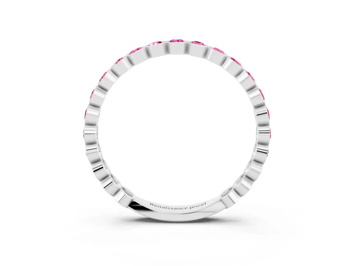 Round Pink Sapphire Bezel Set Eternity Band Silver