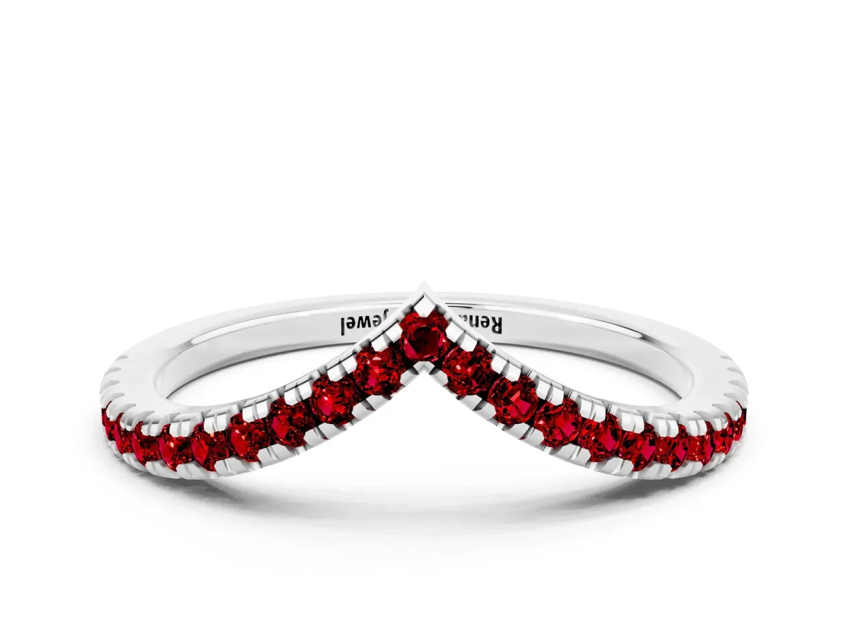 Pavé Round Ruby V-Shaped Chevron Band with Shared Prong Setting Silver