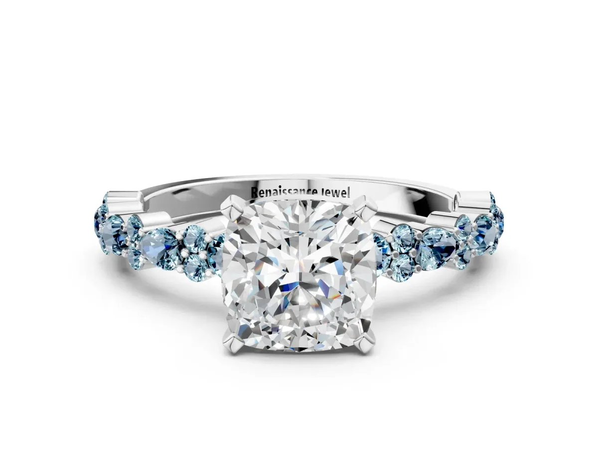 Cushion Cut Diamond Side Stone Solitaire Ring with Round Aquamarine and Four-Prong Setting Silver