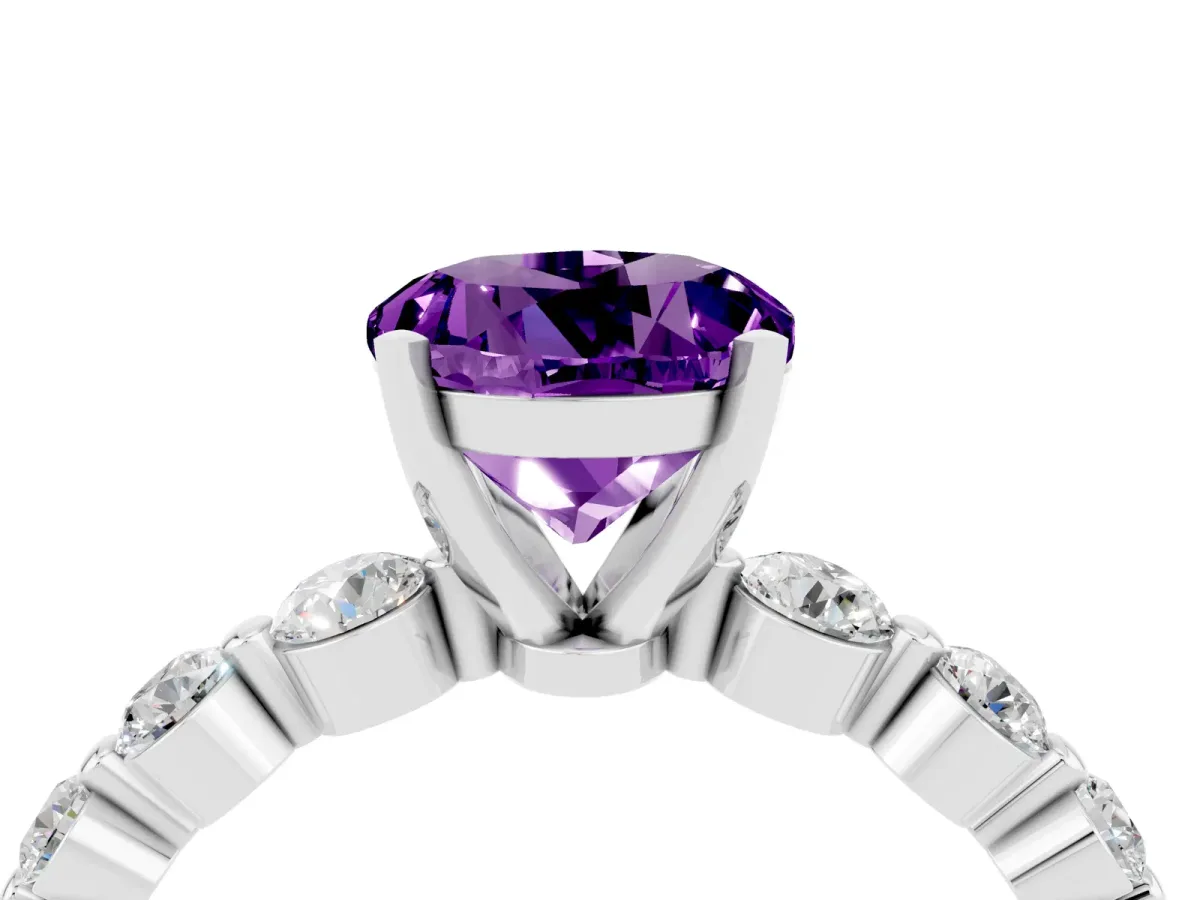 Round Cut Solitaire Amethyst Ring with Pave Band and Four-Prong Setting Silver