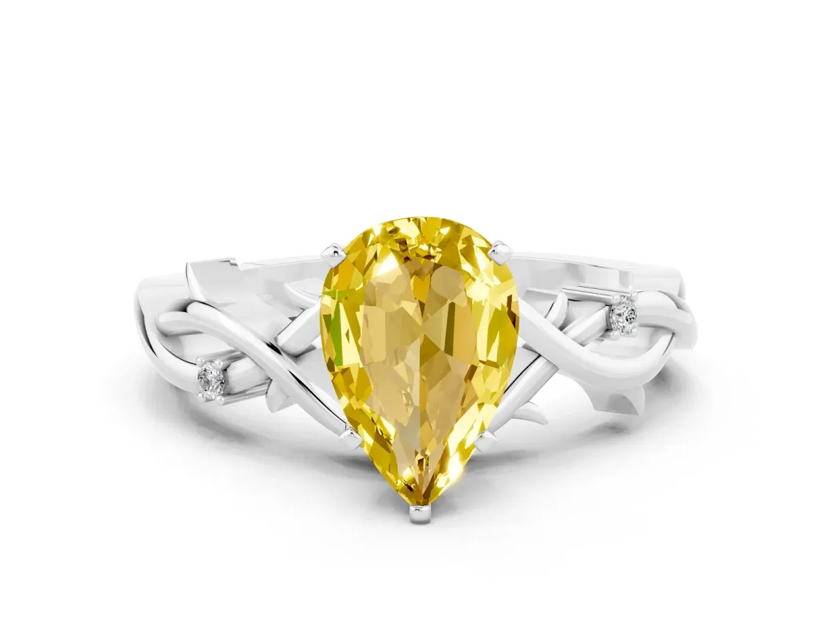 Pear Cut Yellow Sapphire Solitaire Ring with Twisted Band and Prong Setting Platinum