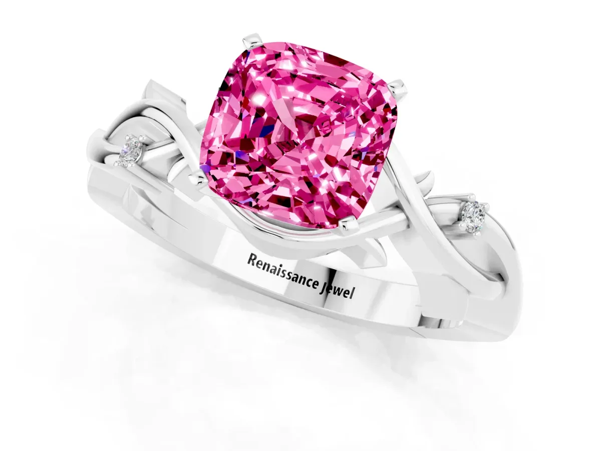 Cushion Cut Pink Sapphire Solitaire Ring with Twisted Band and Prong Setting Silver