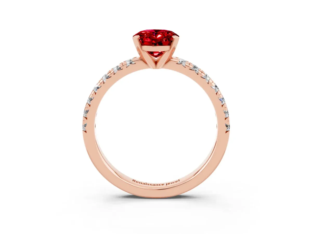 Oval Cut Ruby Solitaire Pavé Engagement Ring with Round Band and Prong Setting Rose gold