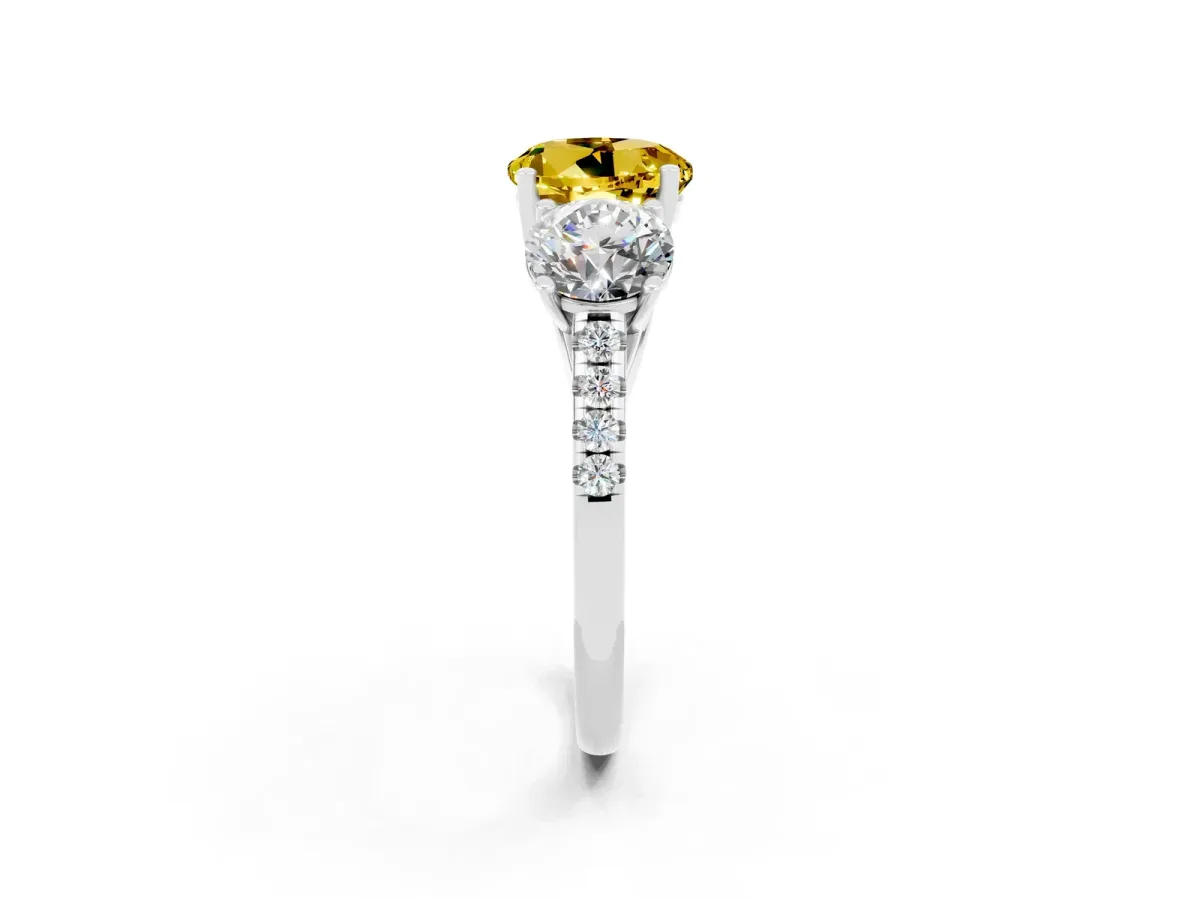 Three-Stone Round Cut Yellow Sapphire Ring with Round Pavé Band and Prong Setting Silver
