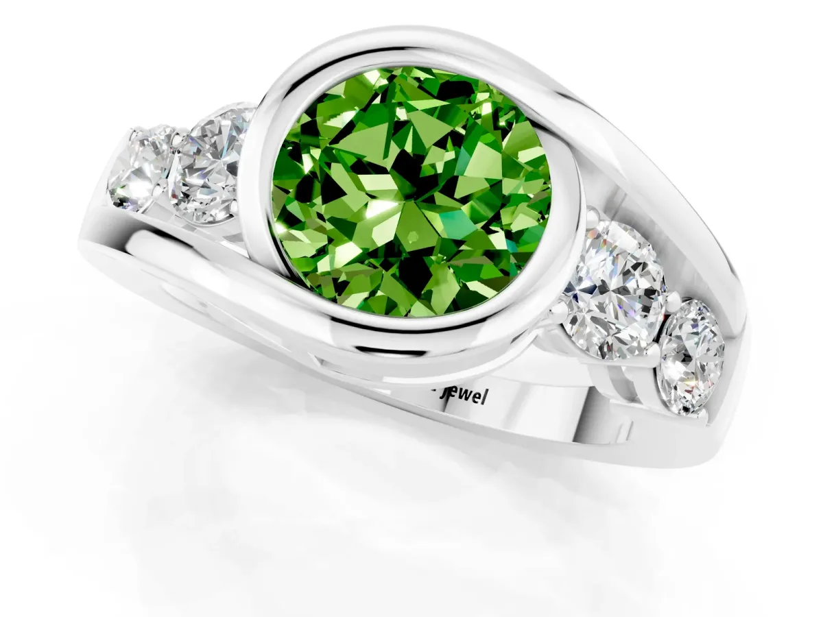 Bezel Set Round Cut Peridot Bypass Ring with Round Accents Platinum
