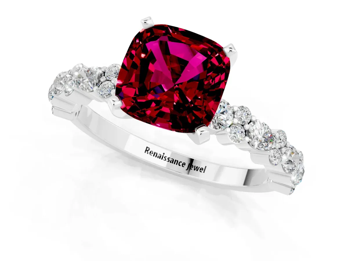 Cushion Cut Garnet Side Stone Solitaire Ring with Round and Four-Prong Setting Platinum