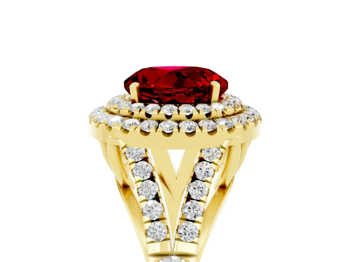 Round Cut Ruby Double Halo Ring with Split Shank and Prong Setting Yellow gold