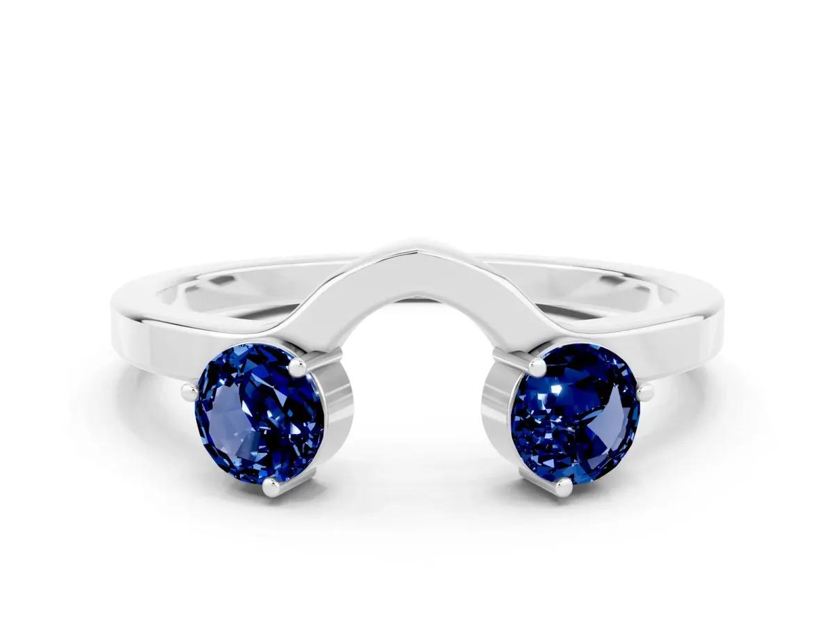 Dual Round Blue Sapphire Open Band Ring with Prong Setting Platinum