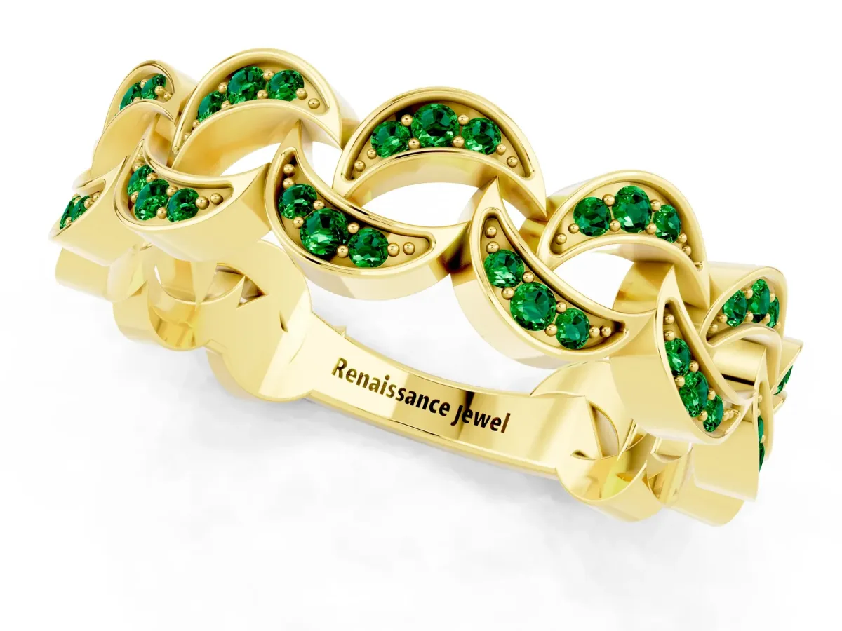 Pavé Round Emerald Interlocking Eternity Band with Bezel Prong Setting Yellow gold