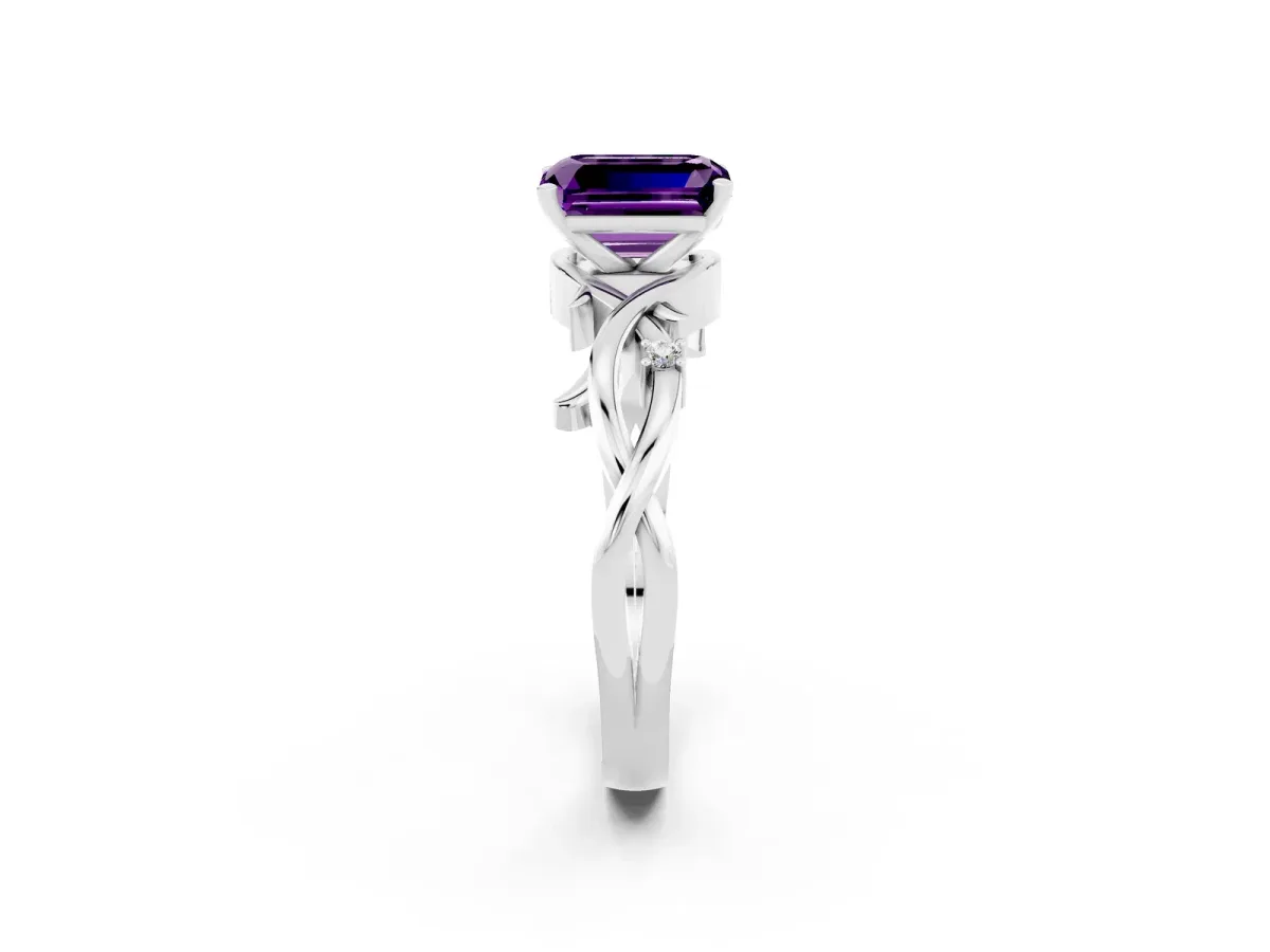 Emerald Cut Amethyst Solitaire Ring with Twisted Band and Prong Setting Silver