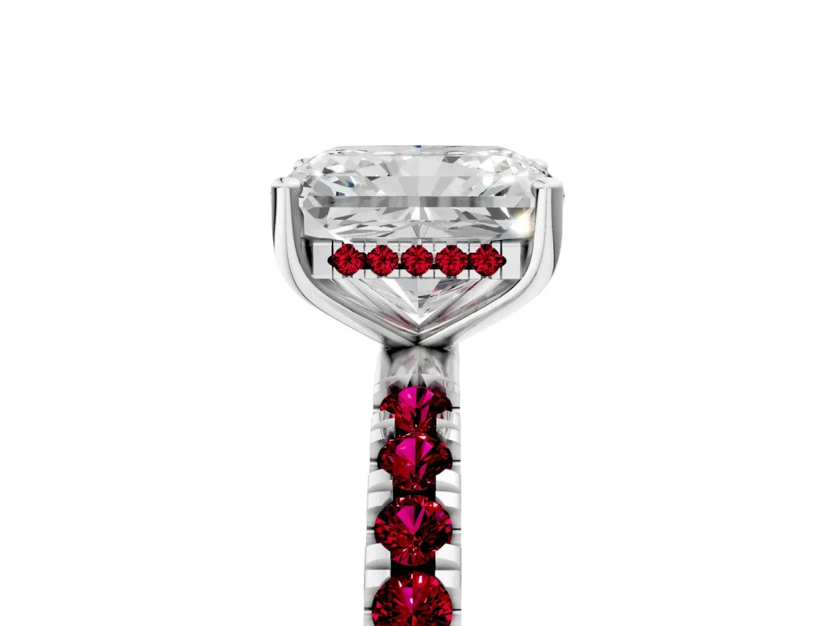 Radiant Cut Diamond Pave Band Solitaire Ring with Round Garnet and Prong Setting Silver
