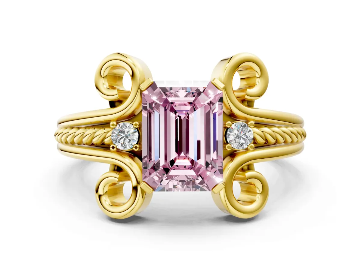 Fancy Pink Emerald Cut Solitaire Twisted Band Scroll Prong Ring Yellow gold