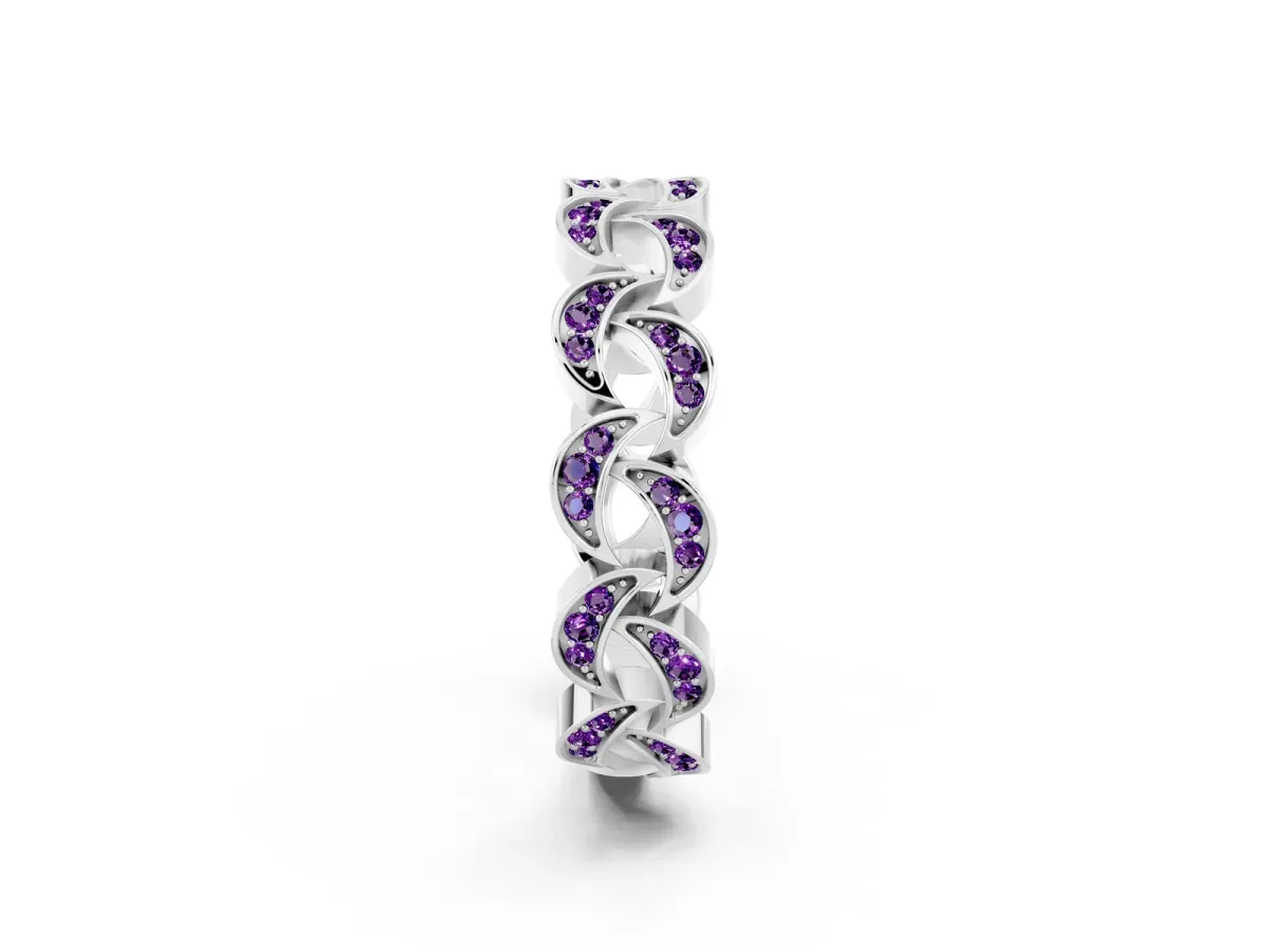 Pavé Round Amethyst Interlocking Eternity Band with Bezel Prong Setting Platinum