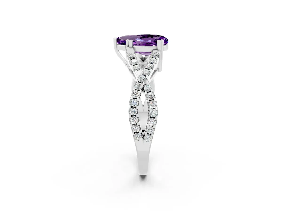 Pear Cut Amethyst Solitaire Ring with Four-Prong Setting and Twisted Pavé Band Platinum