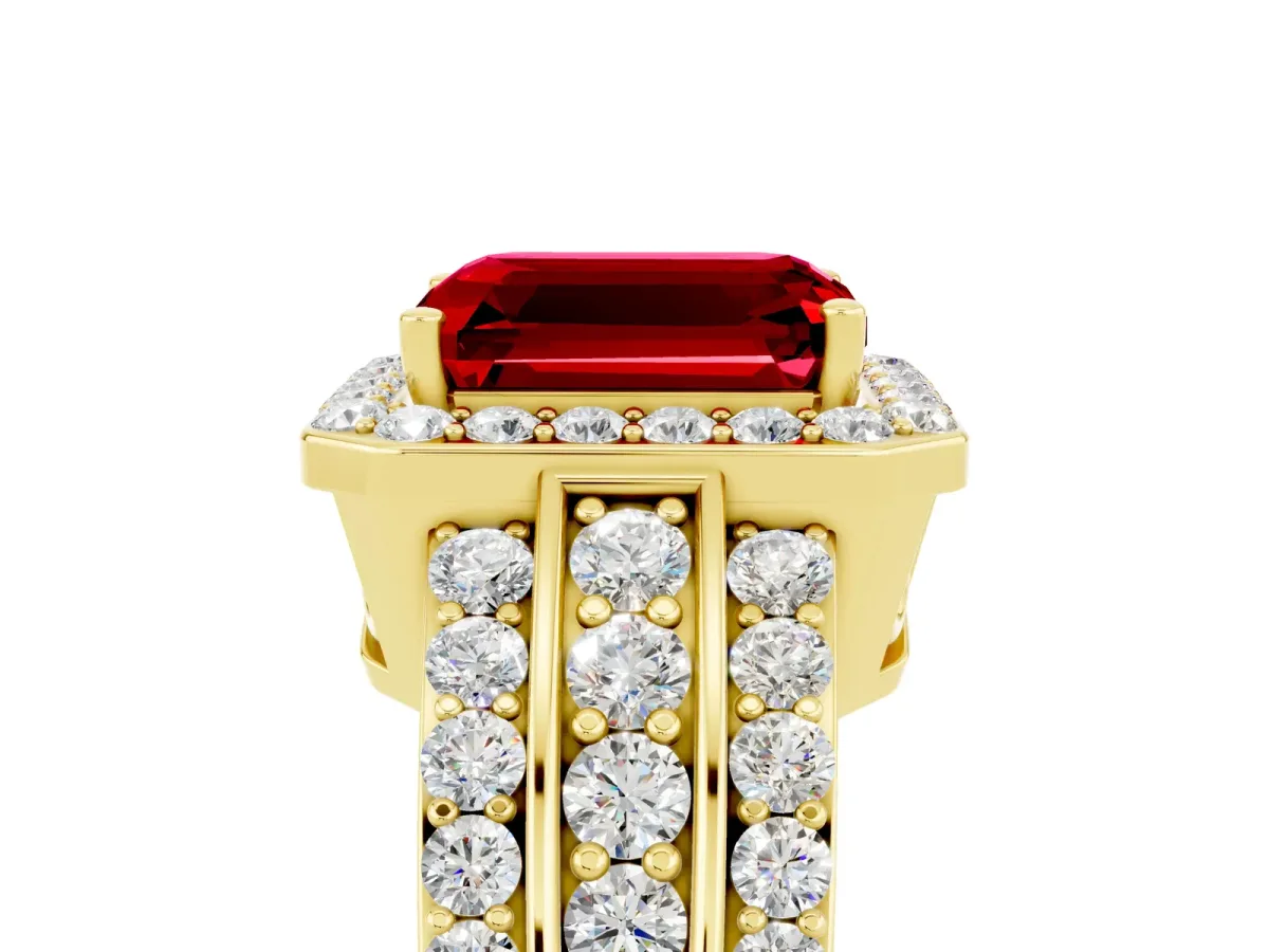 Emerald Cut Halo Ruby Ring with Round Split Shank and Prong Setting Yellow gold