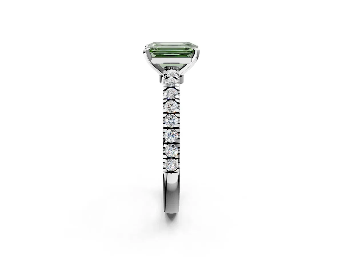 Fancy Green Emerald Cut Solitaire Diamond with Pavé Band and Four-Prong Setting Silver