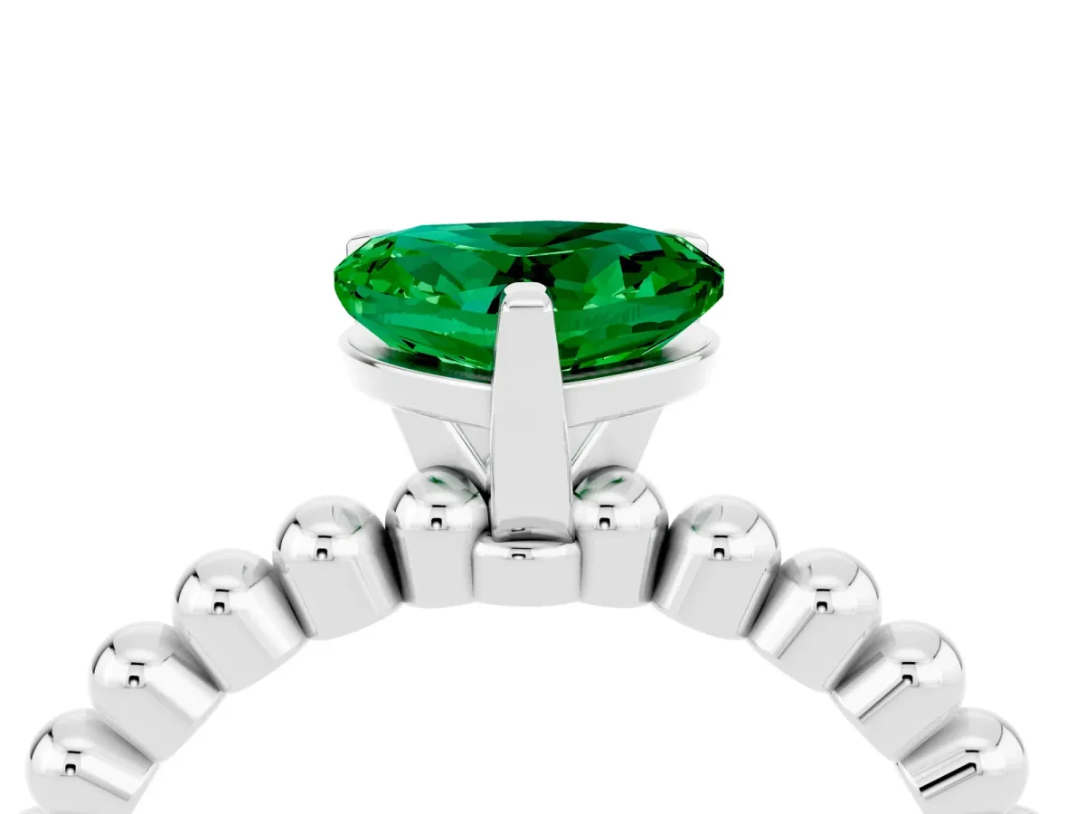Heart Cut Emerald Solitaire Ring with Beaded Band and Prong Setting White gold