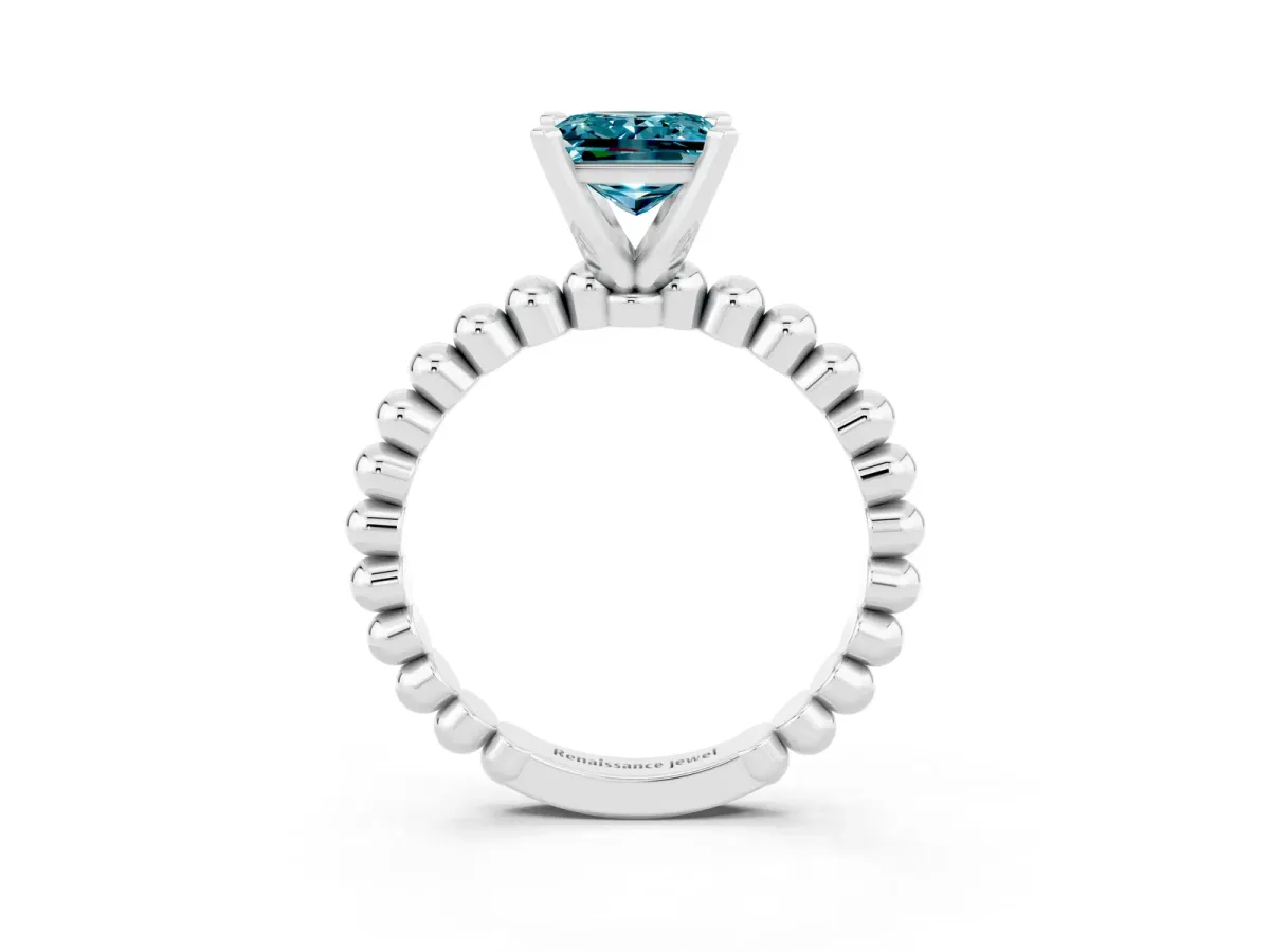 Princess Cut Blue Topaz Solitaire Ring with Beaded Band and Prong Setting Silver