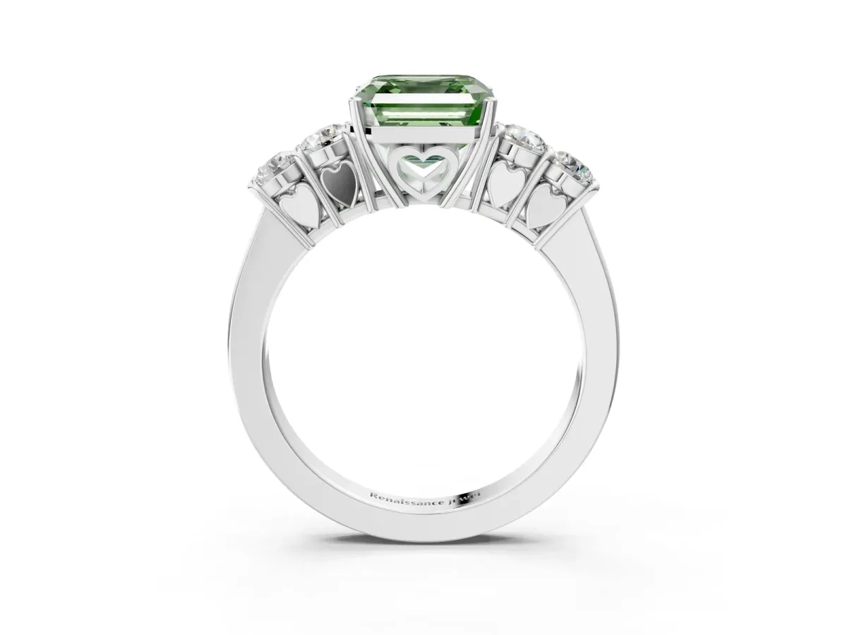 Fancy Green Asscher Cut Cut Diamond Five-Stone Prong Set White Gold Ring Platinum