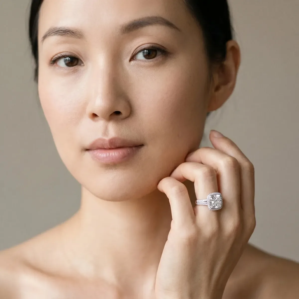 Cushion Cut Diamond Double Halo Ring with Split Shank and Four-Prong Setting White gold
