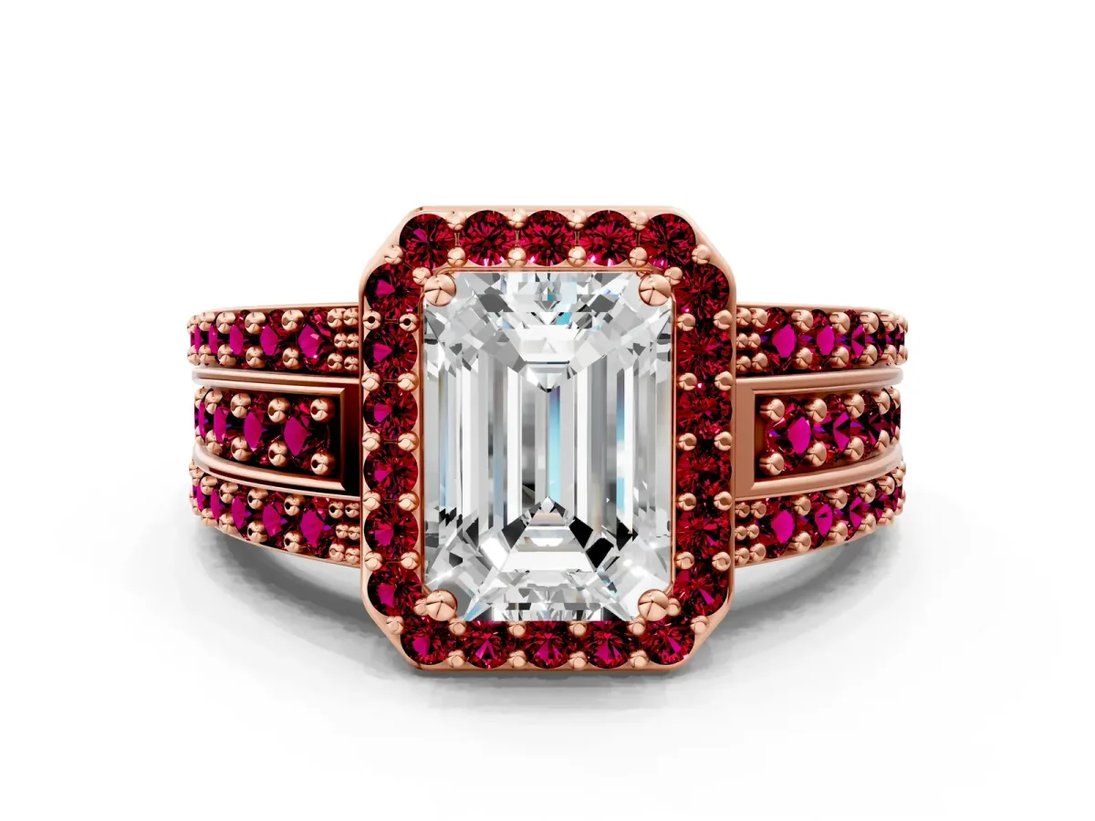 Emerald Cut Halo Diamond Ring with Round Garnet Split Shank and Prong Setting Rose gold