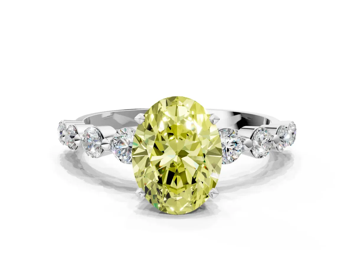 Fancy Yellow Oval Cut Solitaire Diamond Ring with Pave Band and Four-Prong Setting Platinum
