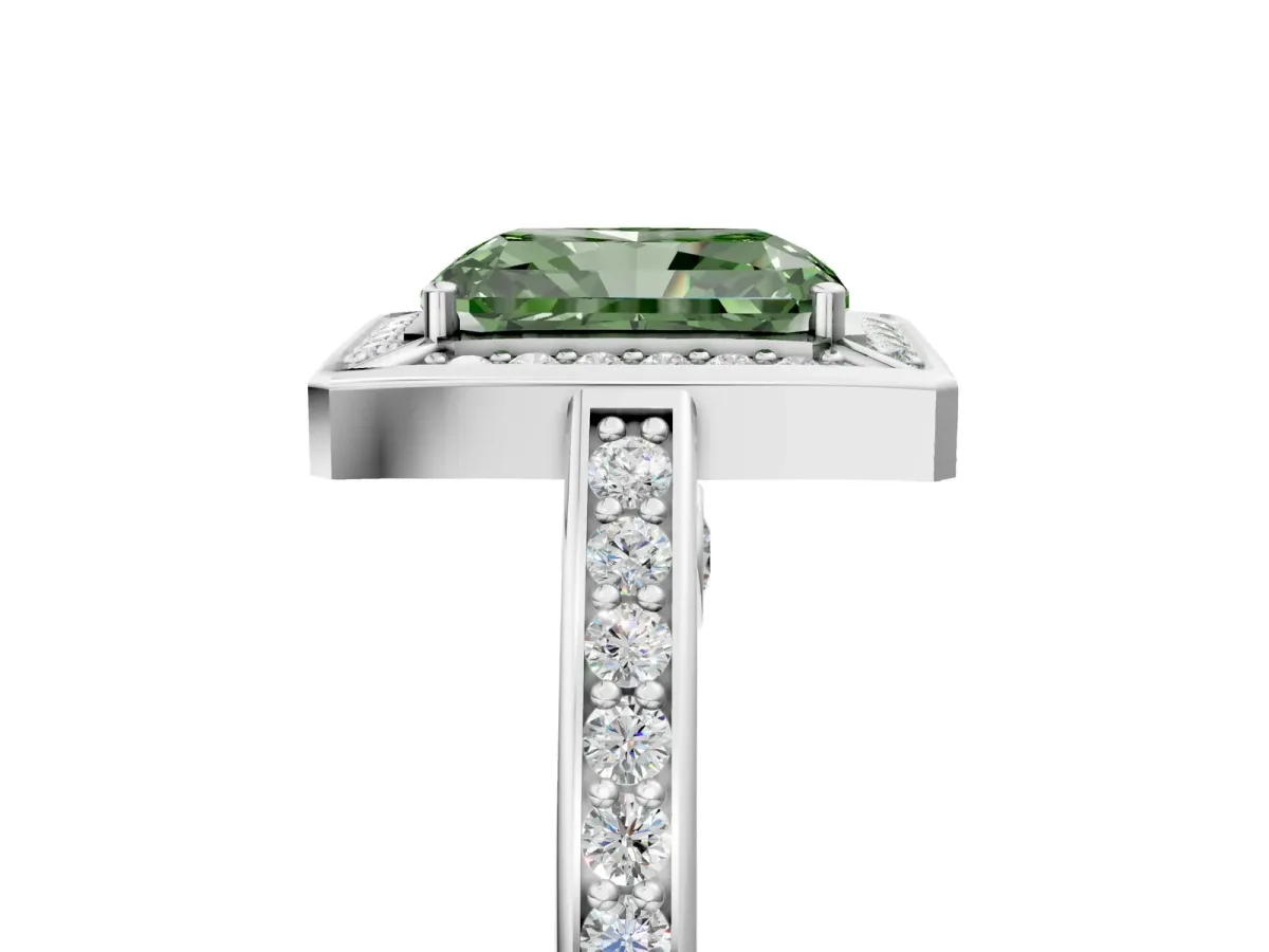 Fancy Green Radiant Cut Cut Halo Pave Split Shank Prong Setting Ring Platinum