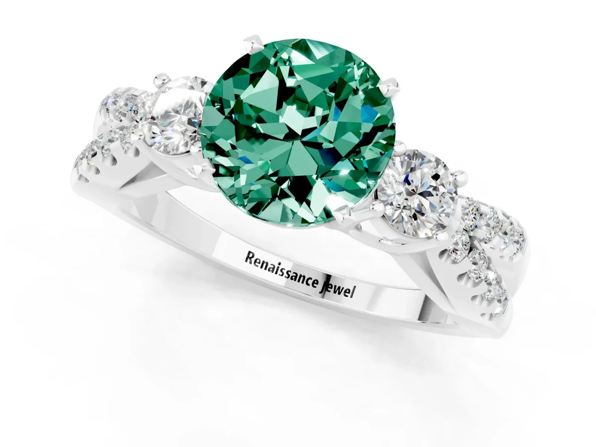 Round Cut Green Sapphire Three-Stone Ring with Pavé Split Shank and Four-Prong Setting Silver