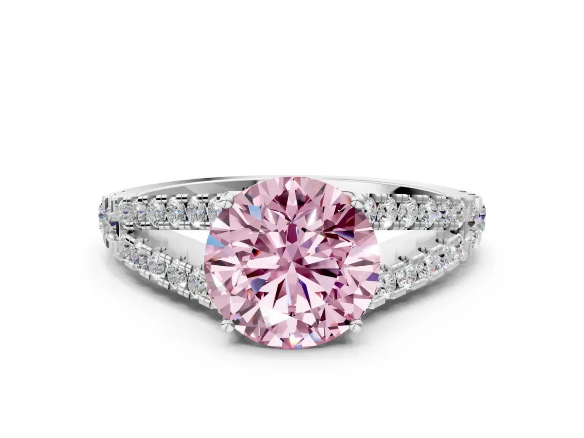 Fancy Pink Round Cut Diamond Split Shank Engagement Ring with Round Pavé and Prong Setting Platinum