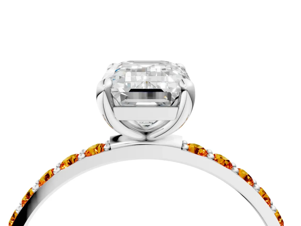 Emerald Cut Diamond Solitaire Ring with Round Citrine Pavé Band and Prong Setting Silver