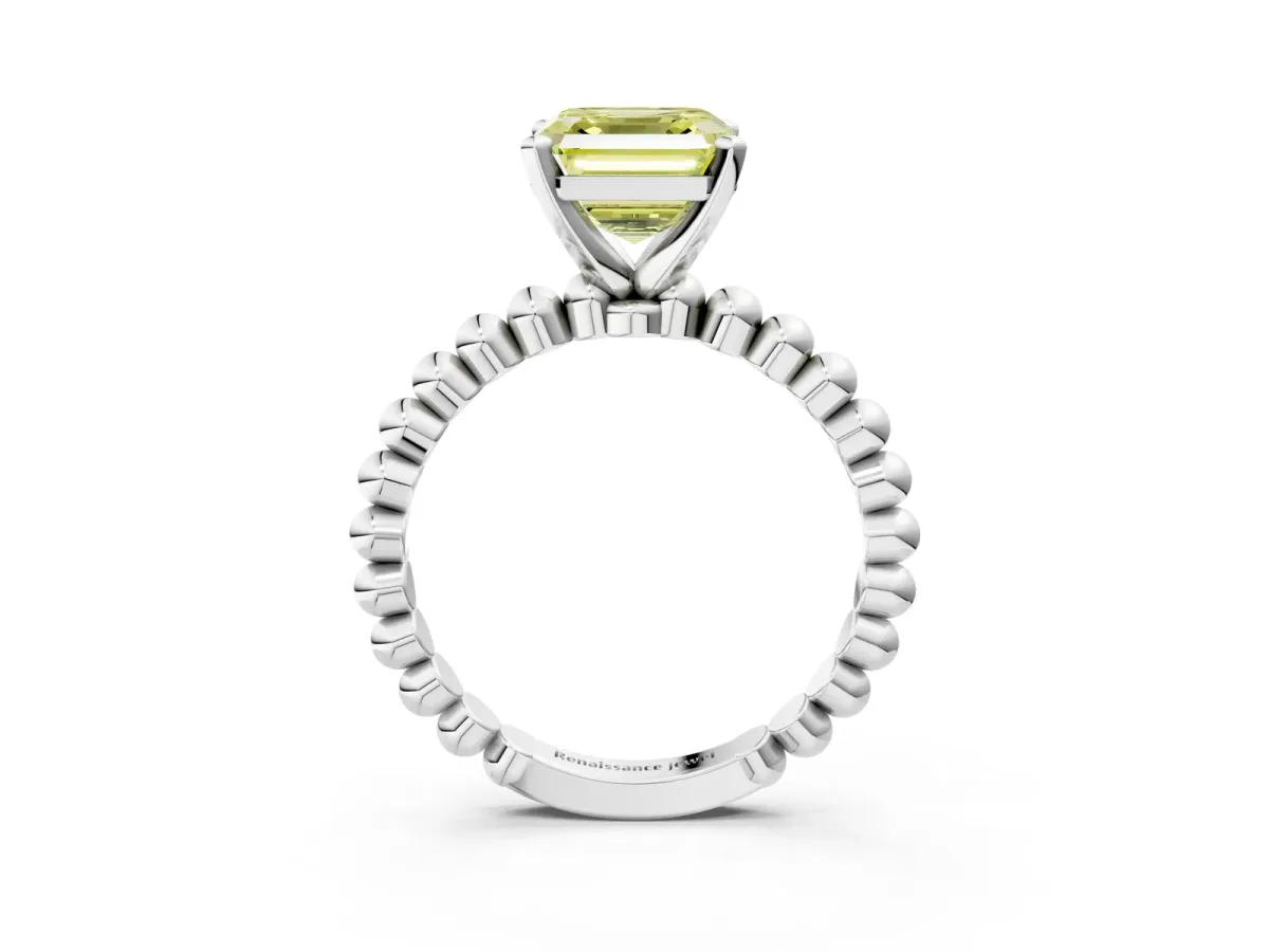 Fancy Yellow Asscher Cut Diamond Solitaire Ring with Beaded Band and Prong Setting Silver
